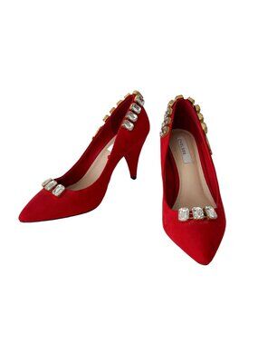 NWOT red suede pumps with gold and rhinestone accents